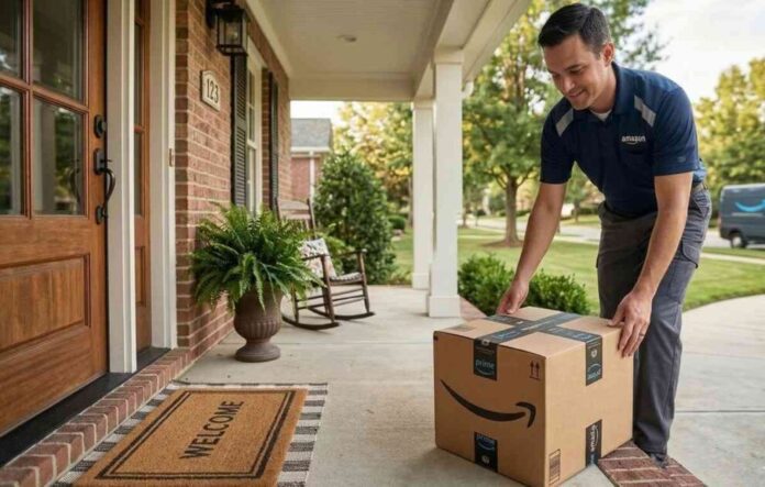 Amazon delivery driver placing a package at a suburban home front door.