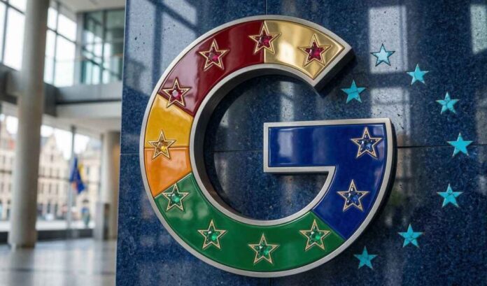 Google logo redesigned with EU flag colors and blue background with multicolored stars