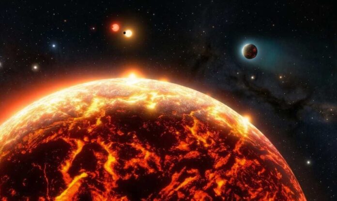 Glowing orange and red molten planet floating in dark space near a red dwarf star.