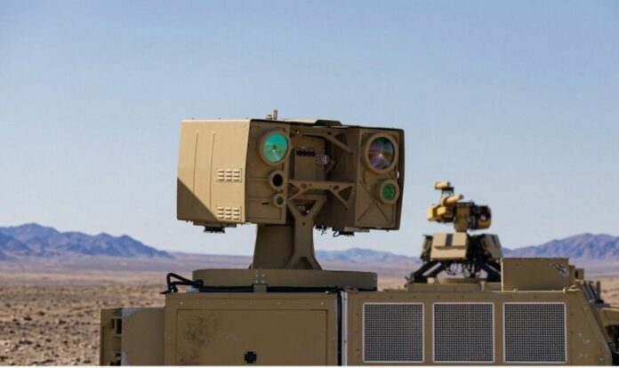 Military laser weapon system mounted on a tactical vehicle pointing toward the sky in a desert landscape.