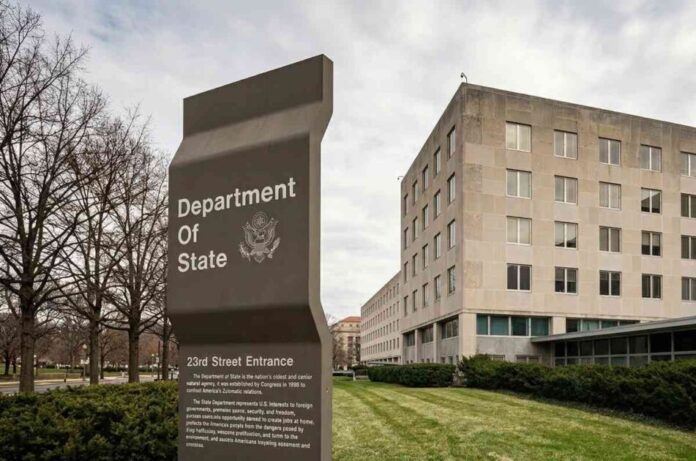 Exterior facade of the United States Department of State building in Washington D.C.