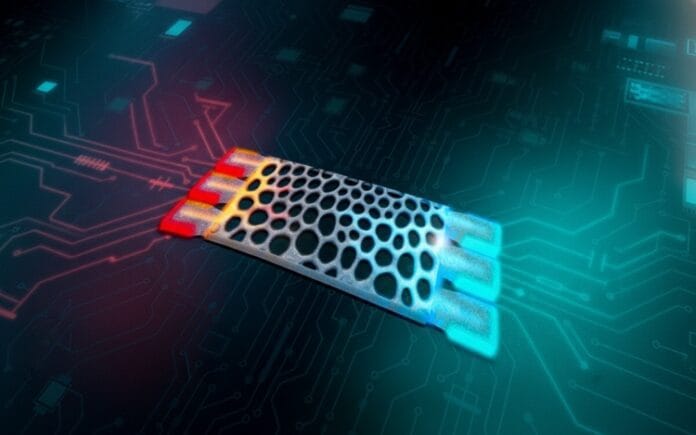 Artistic rendering of thermal analog computing device embedded in microelectronic system showing heat flow through porous silicon structure