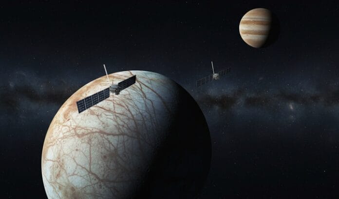 Jupiter's moon Europa showing ice shell surface with prominent fractures and geological features where ammonia compounds were detected by NASA's Galileo spacecraft