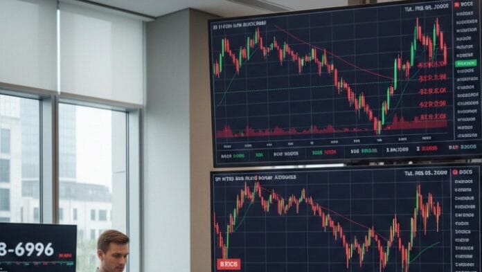 Trading floor with monitors displaying Bitcoin price decline and ETF fund flow data in red.