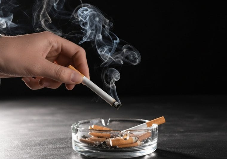 Close-Up Of Cigarettes In Ashtray With Smoke