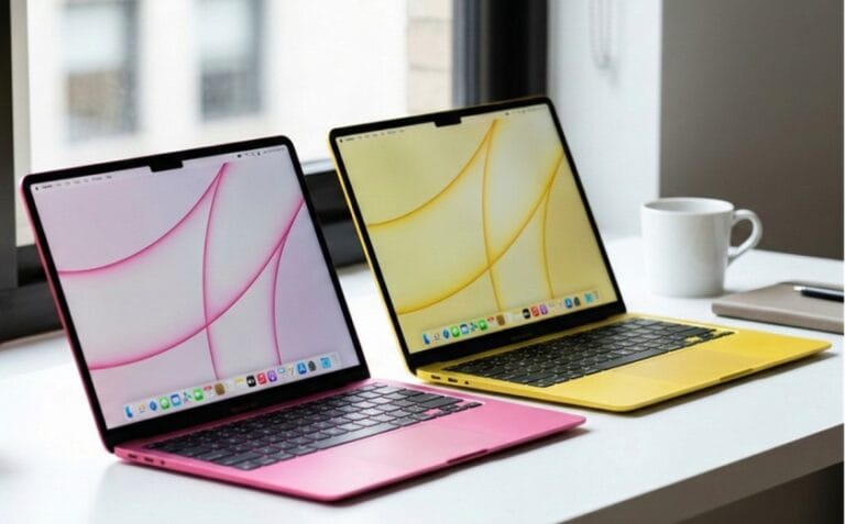 Two Slim Colorful Laptops In Pink And Yellow On A White Desk With Natural Lighting.