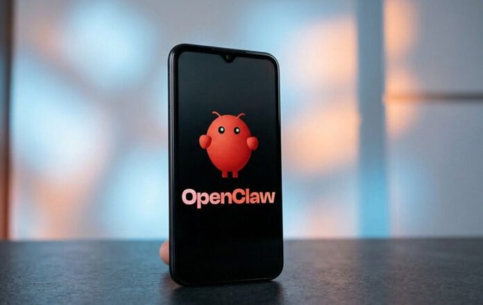 Smartphone screen displaying the red OpenClaw logo with a cartoon claw mascot character.